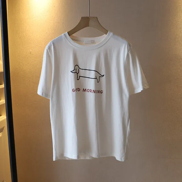Puppy Printed Loose Short sleeved T shirt Casual Casual Top White - Shop at LoveMi