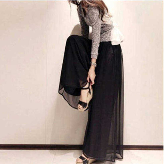 High Waist Chiffon Wide Leg Pants Breathable Culottes Long Slimming Elastic Waist Half Length Pants Group Women's Summer Cropped Pants Beach Pants