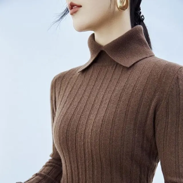 Early Autumn Winter Thread Sunken Stripe Slim Fit Pullover Inner Wear Knitted Bottoming Shirt Lapel Long Sleeve Sweater Brown - Shop at LoveMi