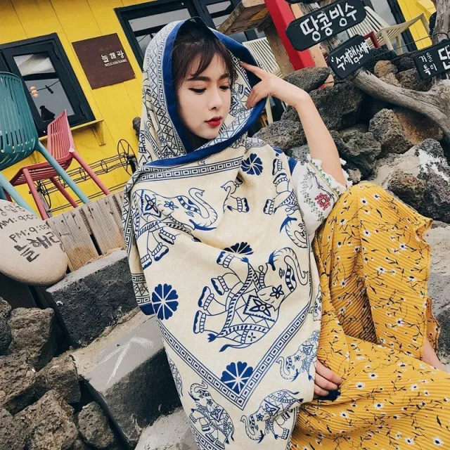 Ethnic Style Cotton And Linen Scarf Seaside Travel Oversized Beach Towel Blue Edge Elephant - Shop at LoveMi