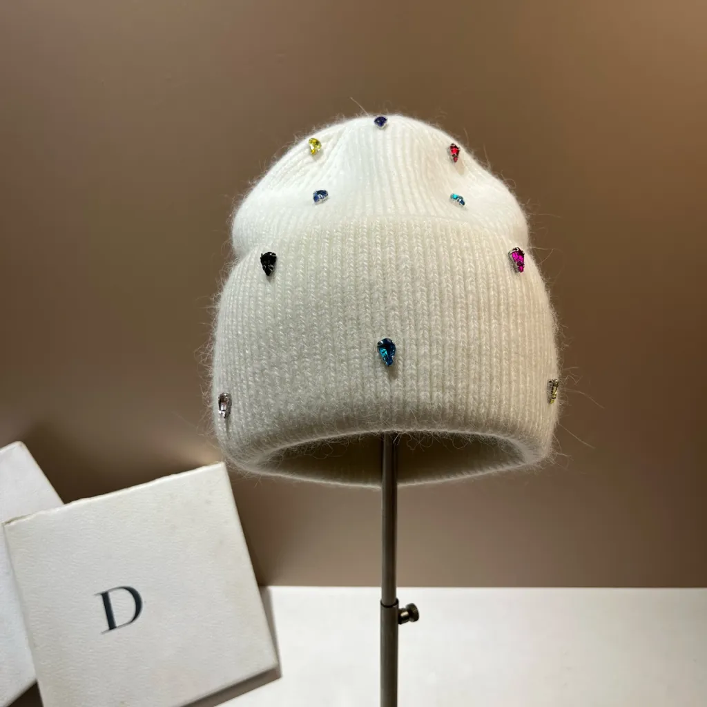 Colour Diamond Light Luxury Winter Rabbit Hair Knitted Hat Personality Colourful - White
