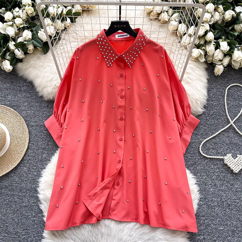 Fashionable Batwing Sleeve Loose Heavy Work Casual Shirt - Watermelon Red