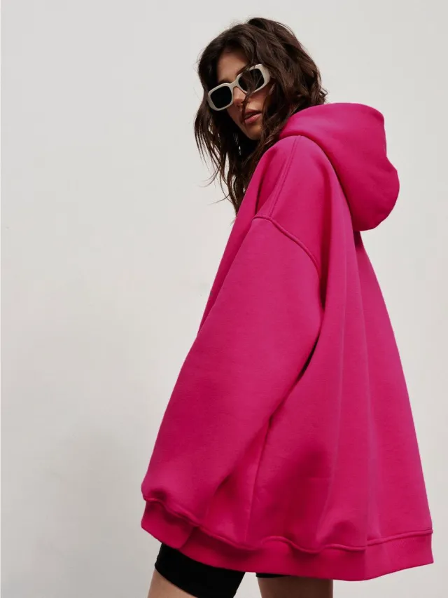 Street Boyfriend Style Polar Fleece Loose Pockets Hooded Sweater Rose - Shop at LoveMi