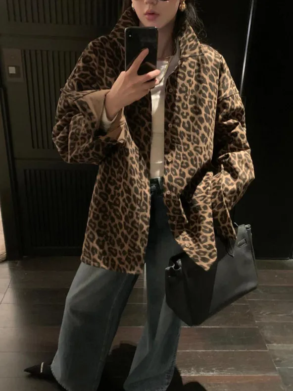 American Retro Leopard Print Polo Collar Shirt Jacket For Women Leopard - Shop at LoveMi