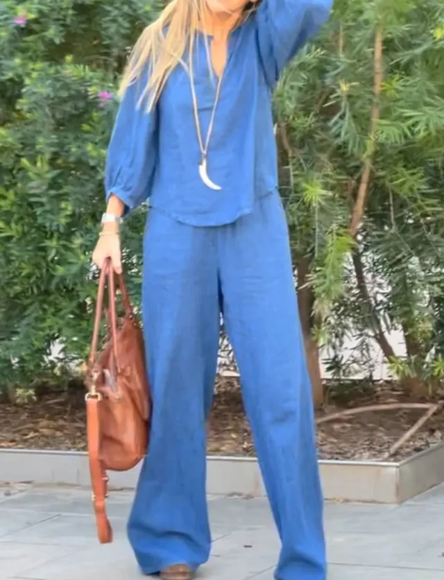 Womens Casual Long Sleeve Cotton Linen Top And Straight Leg Pants Two Piece Set Blue - Shop at LoveMi