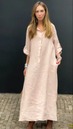 Casual Cotton And Linen Blend Plus Size Dress - Lotus Pink - View 1