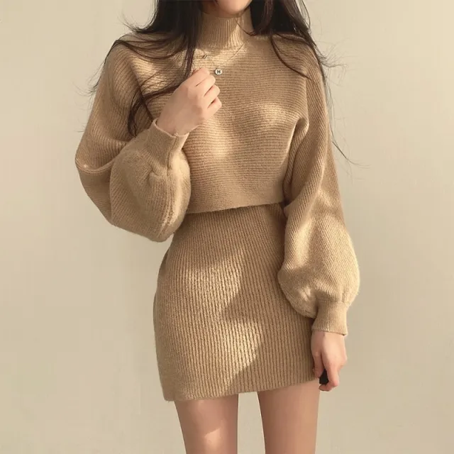 Lantern sleeve Knitted Sweater Cropped Versatile Dress Set For Women Khaki - Shop at LoveMi