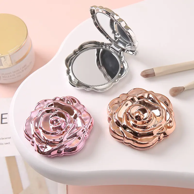 Portable Folding Mirror with Electroplated Rose Design