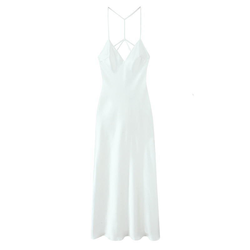 Summer Back Sling Design Silk Satin Texture Midi Skirt Dress