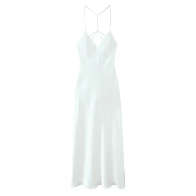 Summer Back Sling Design Silk Satin Texture Midi Skirt Dress White - Shop at LoveMi