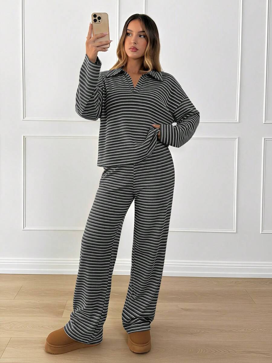 Notch-collar Pullover Long-sleeve Top And Wide-leg Pants Set 4