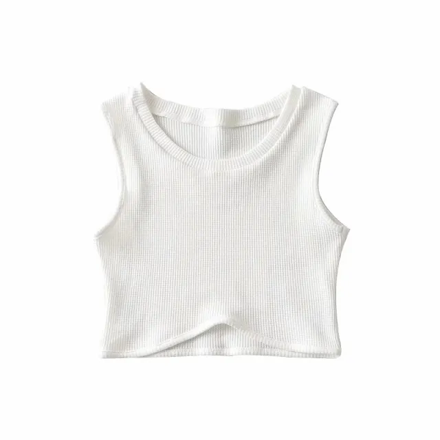 Slim fit Sleeveless Waffle High Waist Short Solid Color Vest White - Shop at LoveMi
