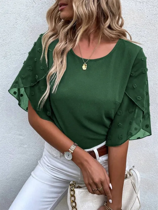Women's New Summer Lace Stitching Round Neck Short sleeved Green - Shop at LoveMi