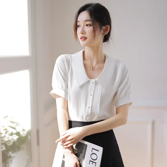 French Style White Short sleeved Chiffon Shirt With Doll Collar Retro Lantern Sleeve White - Shop at LoveMi