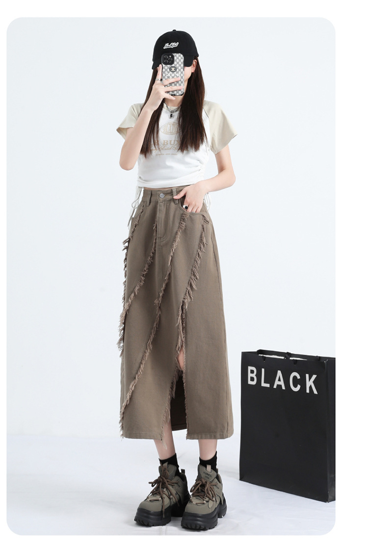 Street-Style Khaki High-Waisted Denim Skirt, Raw Hem & Slit