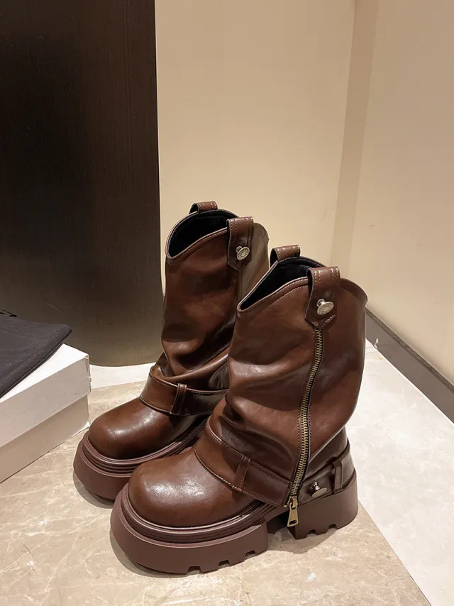 Fashionable All match Thick Bottom Increased Vintage Martin Boots Women's Western Sweet Cool Slimming Brown - Shop at LoveMi