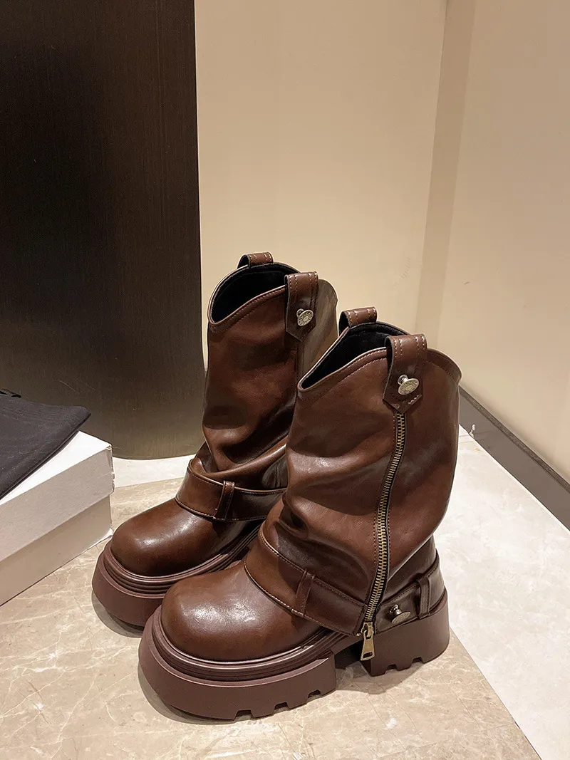 Fashionable All-match Thick Bottom Increased Vintage Martin Boots Women's Western Sweet Cool Slimming - Brown