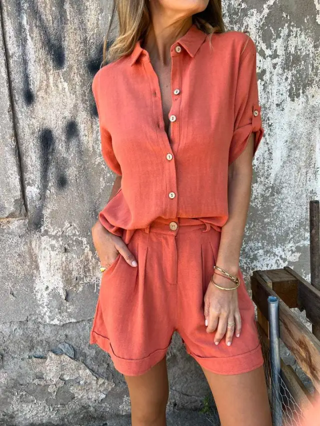 Short sleeved Suits Fashion Lapel Button Shirt Top And Pocket Shorts Women's Clothing Red - Shop at LoveMi