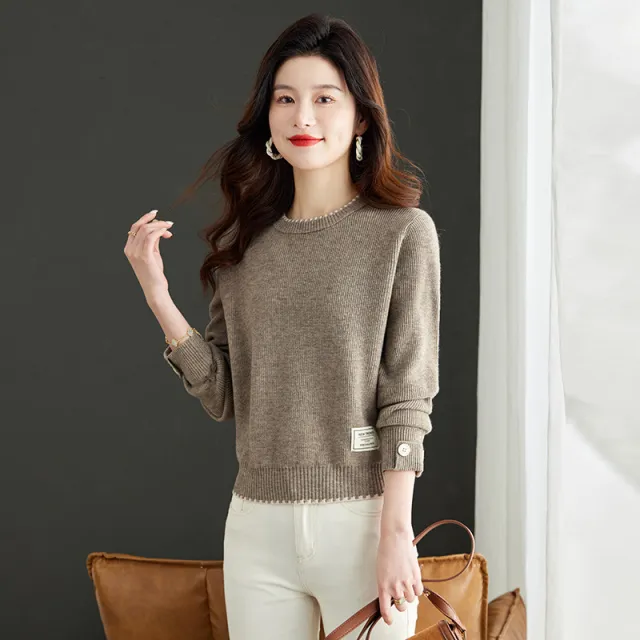 Women's Clothing Fashion Long Sleeve Loose Round Neck Sweater Khaki - Shop at LoveMi