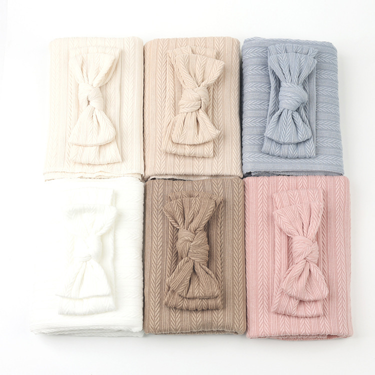 Newborn Polyester Cotton Solid Color Wheat Pattern Wrap Blanket Three-piece Suit