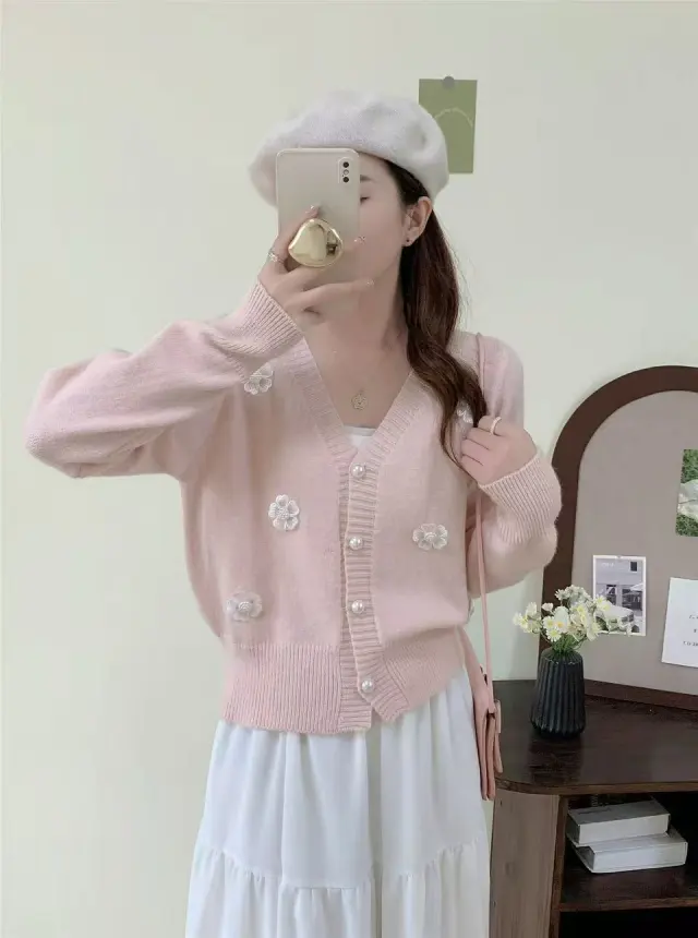Korean style 3D Floral Beaded Knit Cardigan For Women Autumn Pink - Shop at LoveMi