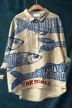 Women's Retro Fish Art Print Lapel Long Sleeve Shirt 5D759 3Xl - Shop at LoveMi