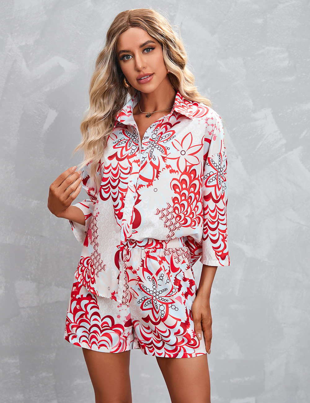 Women's Fashion Printed Short-sleeved Shorts Casual Suit