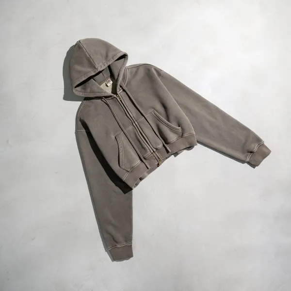 Retro Washed Color Contrast Short Hooded Zip Cardigan Sweater Brown - Shop at LoveMi
