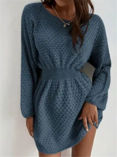 French Loose Round Neck Design Fitted Waist Sweater Knitted Dress - Blue - View 1