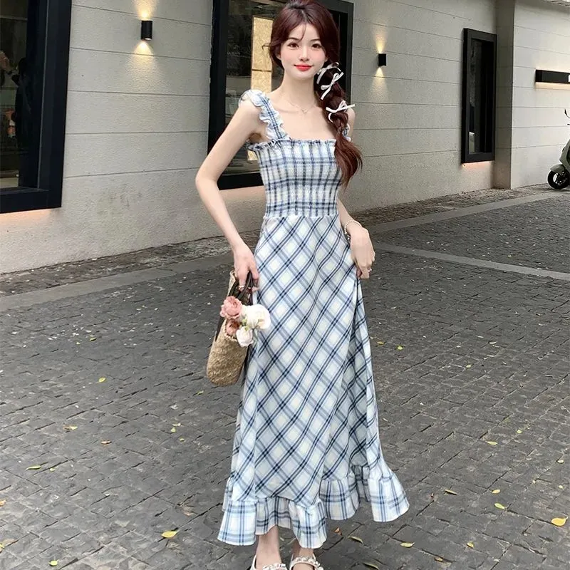 Sleeveless Plaid Long Shirred Strap Summer Dress - Red