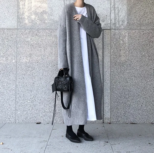 South Korea Chic Simple Buckle free Sweater Lazy Wind Long Below The Knee Knitted Cardigan Gray - Shop at LoveMi
