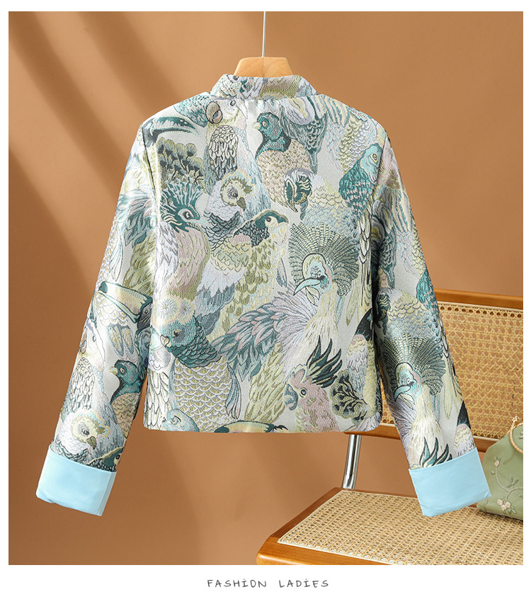 For The Sake Of Beauty Jacquard Buckle Round Neck Vintage Coat