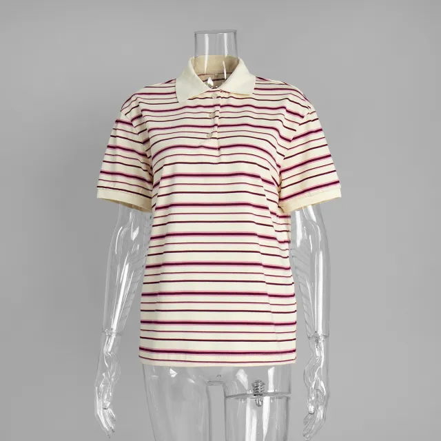 Striped Short sleeved T shirt Retro Contrast Color Polo Shirt Apricot - Shop at LoveMi