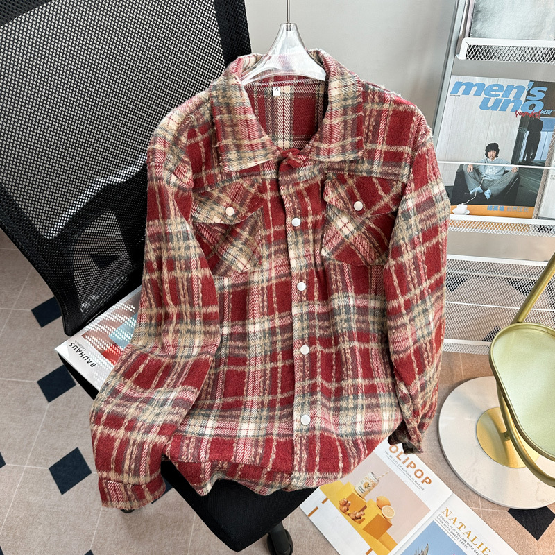 Plaid Tooling Woolen Button Shirt Jacket Men