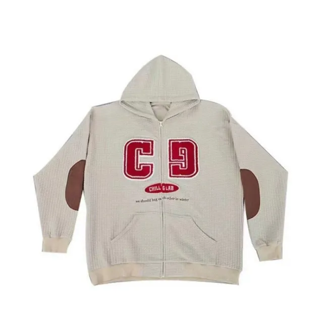 Women's Autumn Street Waffle Embroidery Stitching Hooded Sweatshirt Cardigan Khaki - Shop at LoveMi