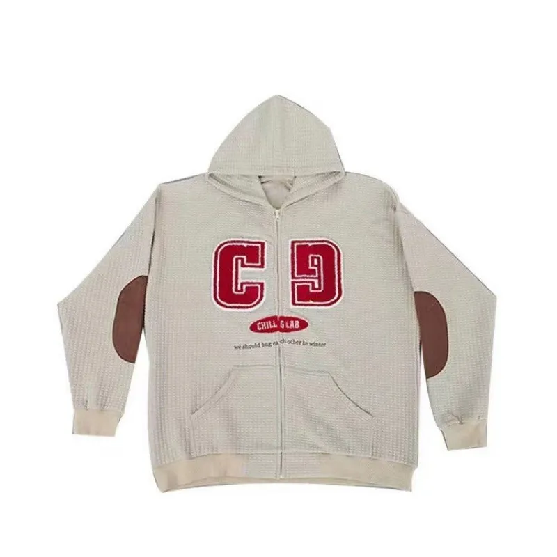 Women's Autumn Street Waffle Embroidery Stitching Hooded Sweatshirt Cardigan - Khaki