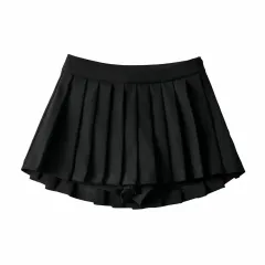 High Waist Front Short Back Length Pleated Skirt With Lining - Black - View 1