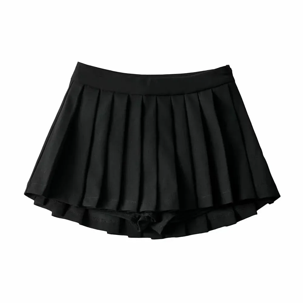 High Waist Front Short Back Length Pleated Skirt With Lining - Black