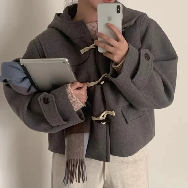 All-matching Short Hooded Long-sleeved Woolen Coat Women - Gray