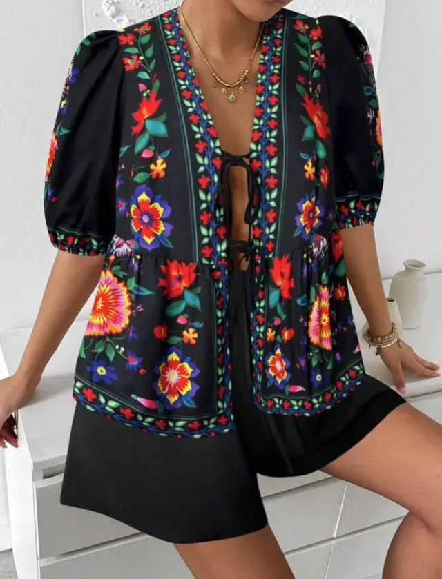 Women's Floral print Cardigan With Tie front Short sleeve Top And Shorts Set Black - Shop at LoveMi