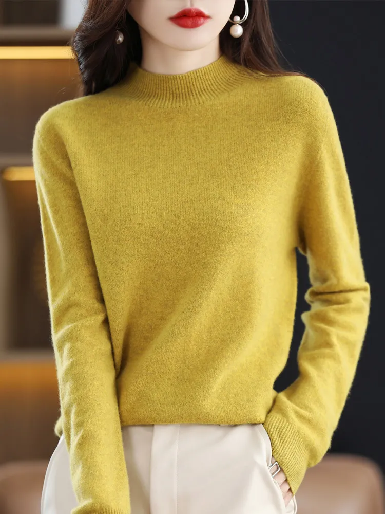 Half-collar Wool Sweater Bottoming Shirt Pullover - Yellow