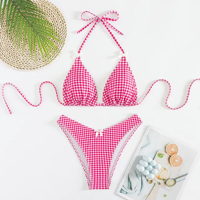 Split Plaid Printed Banded Bikini Swimsuit For Women Pink - Shop at LoveMi
