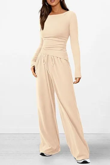 Casual Suit Asymmetric Long sleeved T shirt Wide leg Pants Sportswear Beige - Shop at LoveMi