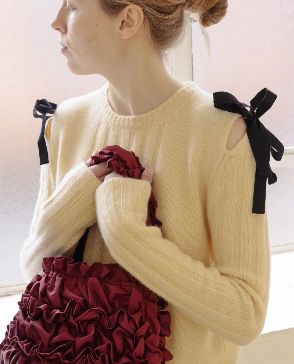Women's Spring Clothing Round Neck Long Sleeve Tied Twist Knitted Cardigan - Yellow
