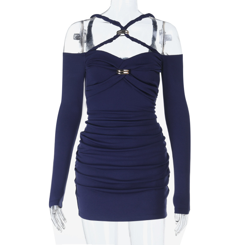 Temperament Design Slim fit Innerwear Cross knot Long sleeve Dress Navy - Shop at LoveMi