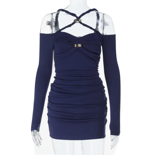 Temperament Design Slim fit Innerwear Cross knot Long sleeve Dress Navy Blue - Shop at LoveMi