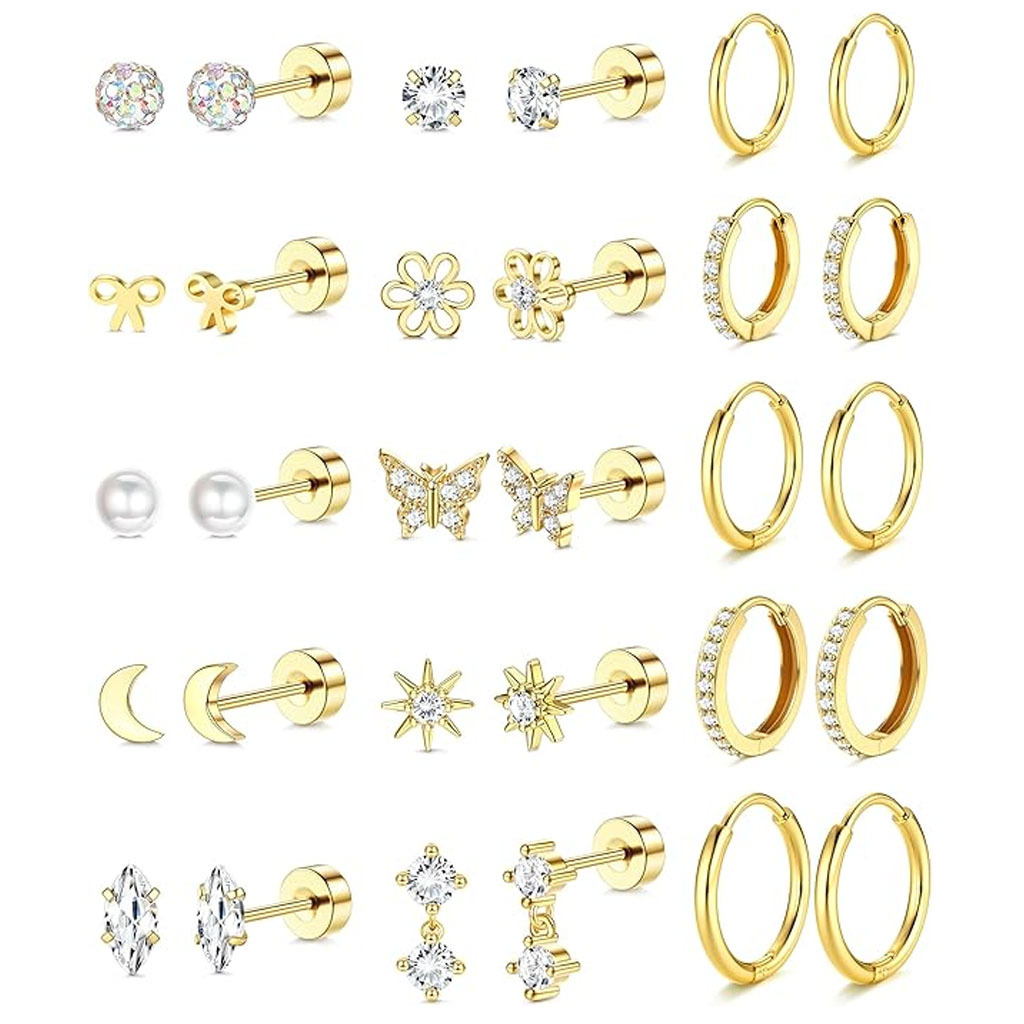Real Gold-Plated Zircon Stud Earring Set