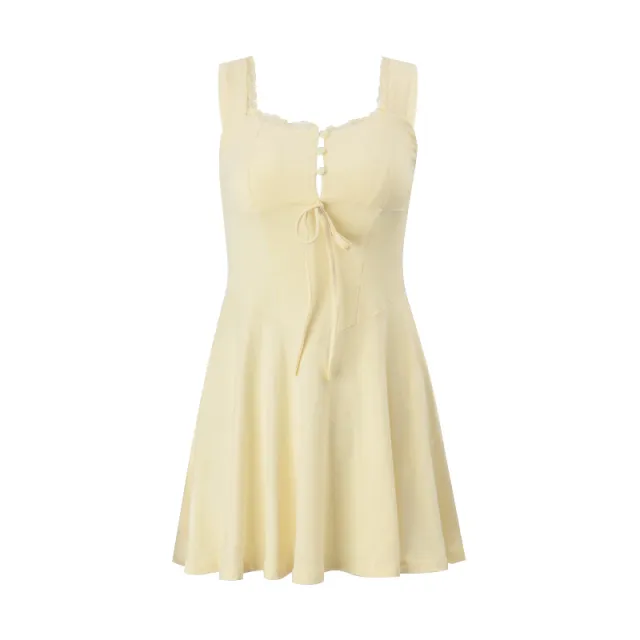 Sexy Square neck Lace Waist Trimming Yellow Gallus Dress Yellow - Shop at LoveMi