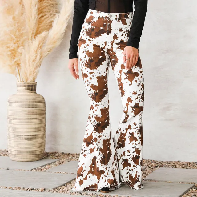 Womens Denim Floral Brown High Waisted Flared Pants Red - Shop at LoveMi