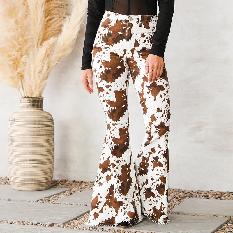 Womens Denim Floral Brown High-Waisted Flared Pants - Red